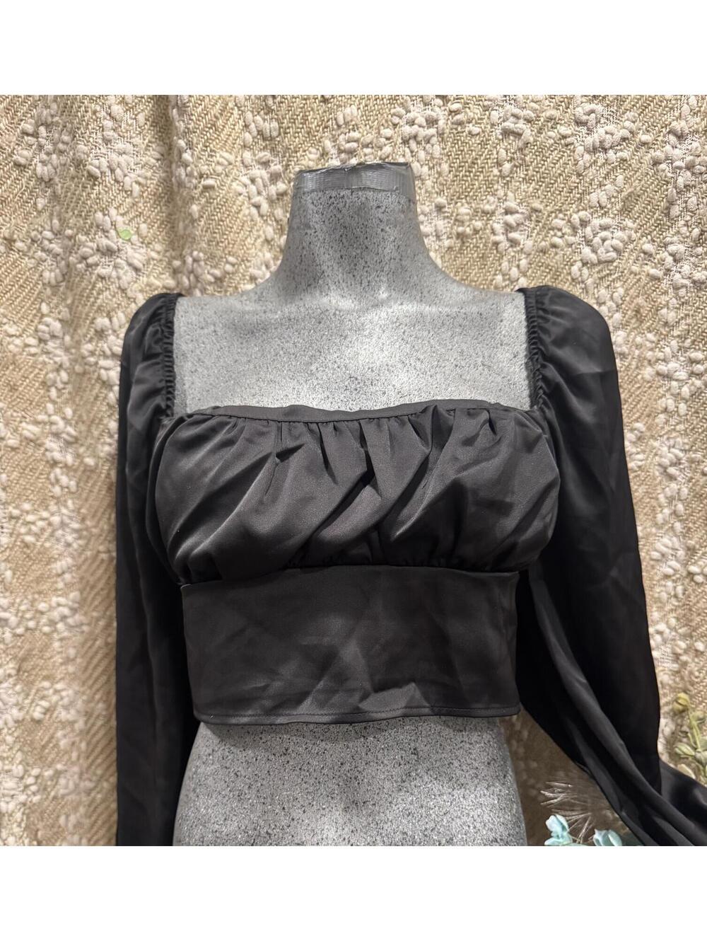 Shein Women's Modern Black Satin Lantern-Sleeve Crop Blouse – Size XL